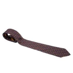 Pre Owned Salvatore Ferragamo Navy Blue Silk Prize Ribbon Print Tie 