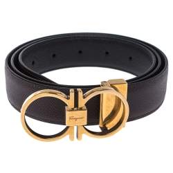 Pre Owned Salvatore Ferragamo Dark Brown Grained Leather Double Gancio Buckle Belt 110CM