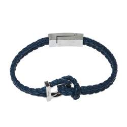 Pre Owned Salvatore Ferragamo Braided Leather Gancini Silver Tone Double Strand Bracelet