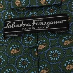 Pre Owned Salvatore Ferragamo Green Elephant Floral Print Silk Tie
