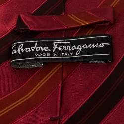 Pre Owned Salvatore Ferragamo Dark Red Diagonal Striped Silk Tie