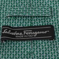 Pre Owned Salvatore Ferragamo Green Gancini Print Silk Tie