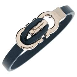 Pre Owned Salvatore Ferragamo Blue Leather Gancini Clasp Bracelet