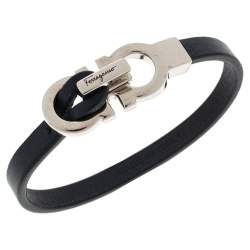 Pre Owned Salvatore Ferragamo Blue Leather Gancini Clasp Bracelet