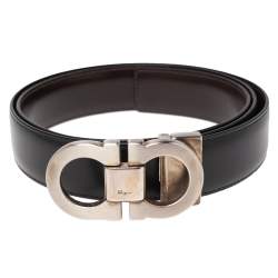Pre Owned Salvatore Ferragamo Black/Brown Leather Gancini Buckle Reversible Belt 85CM
