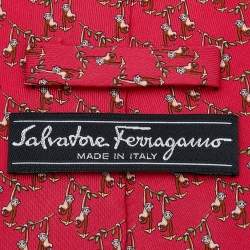 Pre Owned Salvatore Ferragamo Red Monkey Print Silk Tie