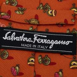 Pre Owned Salvatore Ferragamo Orange Hand Clock Print Silk Tie