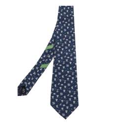 Pre Owned Salvatore Ferragamo Navy Blue Elephant Print Silk Tie