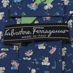 Pre Owned Salvatore Ferragamo Navy Blue Elephant Print Silk Tie