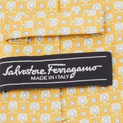 Pre Owned Salvatore Ferragamo Yellow Gancini Print Silk Tie