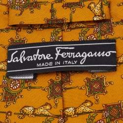 Pre Owned Salvatore Ferragamo Mustard Yellow Animal Print Silk Tie