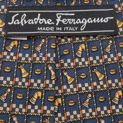 Pre Owned Salvatore Ferragamo Navy Blue Chess Print Silk Tie