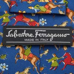 Pre Owned Salvatore Ferragamo Cobalt Blue Horse Print Silk Tie