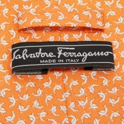 Pre Owned Salvatore Ferragamo Orange Printed Silk Traditional Tie