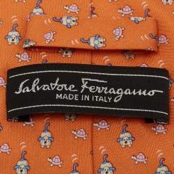 Pre Owned Salvatore Ferragamo Orange Printed Silk Classic Tie