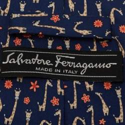 Pre Owned Salvatore Ferragamo Navy Blue Giraffe Print Silk Traditional Tie