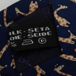 Pre Owned Salvatore Ferragamo Navy Blue Giraffe Print Silk Traditional Tie