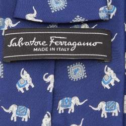 Pre Owned Salvatore Ferragamo Blue Elephant Print Silk Tie