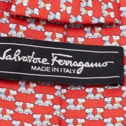 Pre Owned Salvatore Ferragamo Red Puppy Print Silk Tie