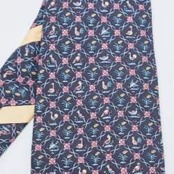 Pre Owned Salvatore Ferragamo Navy Blue Floral Birds Print Silk Traditional Tie