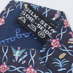 Pre Owned Salvatore Ferragamo Navy Blue Floral Birds Print Silk Traditional Tie
