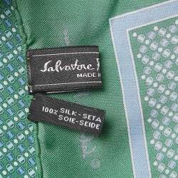 Pre Owned Salvatore Ferragamo Green Print Silk Pocket Square