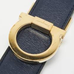 Pre Owned Salvatore Ferragamo Navy Blue/Black Leather Gancio Cut to Size Reversible Belt