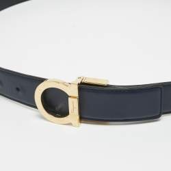 Pre Owned Salvatore Ferragamo Navy Blue/Black Leather Gancio Cut to Size Reversible Belt