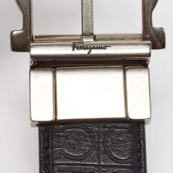 Pre Owned Salvatore Ferragamo Black/Dark Brown Ganici Embossed Leather Cut to Size Reversible Buckle Belt