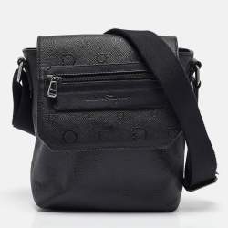 Salvatore Ferragamo Black Gancini Embossed Leather Flap Messenger Bag