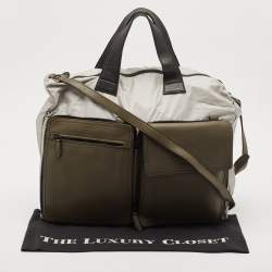 Salvatore Ferragamo Olive Green/Grey Leather and Nylon Pocket Tote
