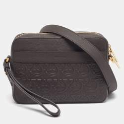 Pre Owned Salvatore Ferragamo Logo Dark Brown Embossed Leather Crossbody Bag