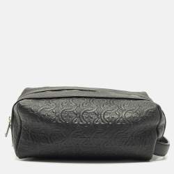 Pre Owned Salvatore Ferragamo Black Gancini Embossed Leather Toiletry Bag