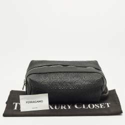 Pre Owned Salvatore Ferragamo Black Gancini Embossed Leather Toiletry Bag
