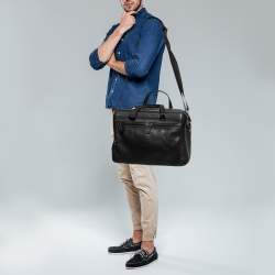 Pre Owned Salvatore Ferragamo Black Leather Double Zip Briefcase Bag