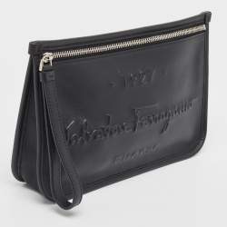 Pre Owned Salvatore Ferragamo Black Leather Zip Wristlet Pouch
