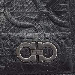 Pre Owned Salvatore Ferragamo Black Gancini Embossed Leather Logo Card Case