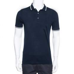 Salvatore Ferragamo Navy Blue Cotton Pique Contrast Stripe Detail Polo T-Shirt S