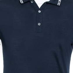 Pre Owned Salvatore Ferragamo Navy Blue Cotton Pique Contrast Stripe Detail Polo T-Shirt S