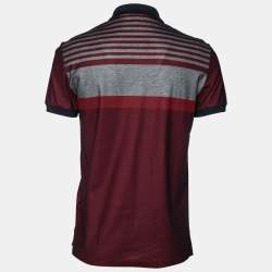 Pre Owned Salvatore Ferragamo Grey and Burgundy Striped Logo Embroidered Polo T-Shirt M