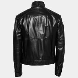 Pre Owned Salvatore Ferragamo Black Leather Ribbed Biker Jacket L 