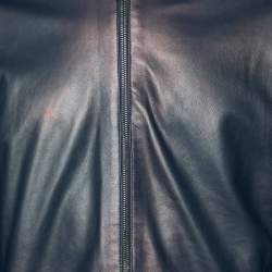 Salvatore Ferragamo Navy Blue Leather & Wool Knit Zip Front Jacket M
