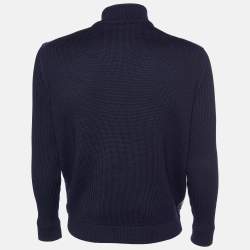 Salvatore Ferragamo Navy Blue Leather & Wool Knit Zip Front Jacket M