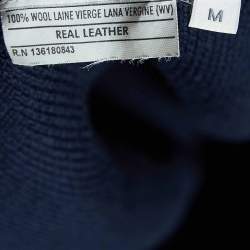 Salvatore Ferragamo Navy Blue Leather & Wool Knit Zip Front Jacket M