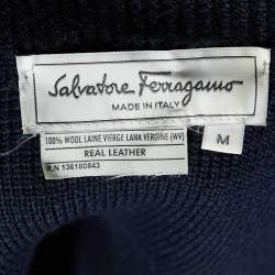 Salvatore Ferragamo Navy Blue Leather & Wool Knit Zip Front Jacket M