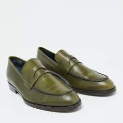 Pre Owned Salvatore Ferragamo Green Leather Gancio Loafers Size 42.5