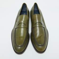Pre Owned Salvatore Ferragamo Green Leather Gancio Loafers Size 42.5