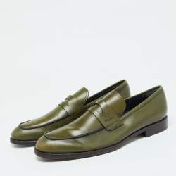 Pre Owned Salvatore Ferragamo Green Leather Gancio Loafers Size 42.5