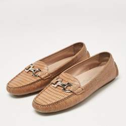 Salvatore Ferragamo Brown Lizard Embossed Leather Loafers Size 40