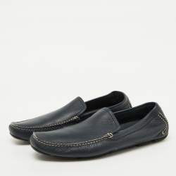 Salvatore Ferragamo Navy Blue Leather Slip On Loafers Size 44